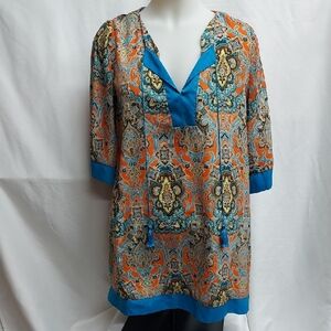 Umgee Orange and Blue Boho Tunic with Tassels